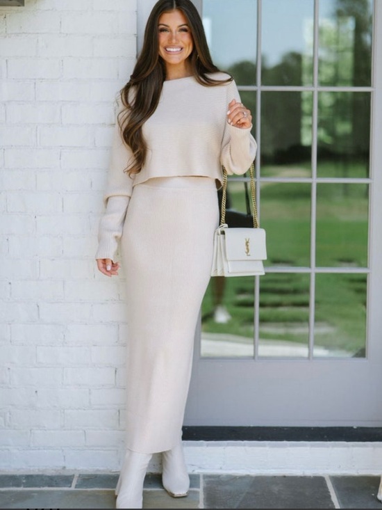 Dresses & Skirts - Elegant Cream Maxi Knit Skirt - Ribbed Long Women's Skirt